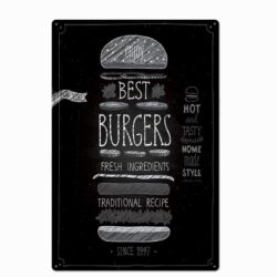 hamburguesa con placa de metal vintage blanco y negro