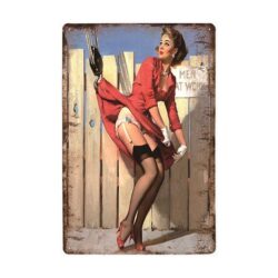placa metal vintage pin up gancho sitio de construccion