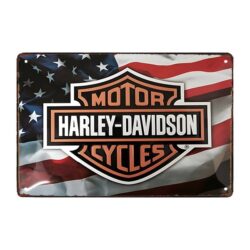 placa de metal harley davidson y bandera americana