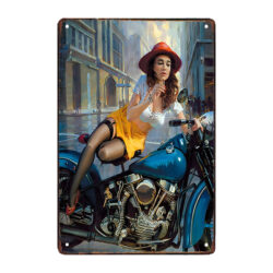 placa publicitaria metalica de motocicleta con mujer
