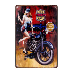 placa publicitaria metalica de motocicleta con una mujer