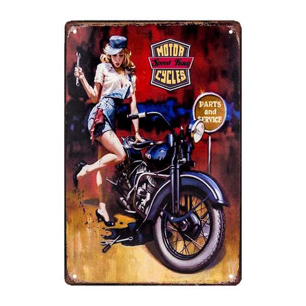 placa publicitaria metalica de motocicleta con una mujer placa publicitaria metalica de motocicleta con una mujer